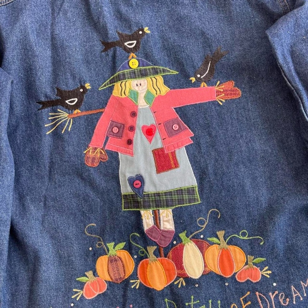 Vintage Quacker Factory Embroidered Denim Halloween Scarecrow Pumpkin Jacket - Picture 5 of 10